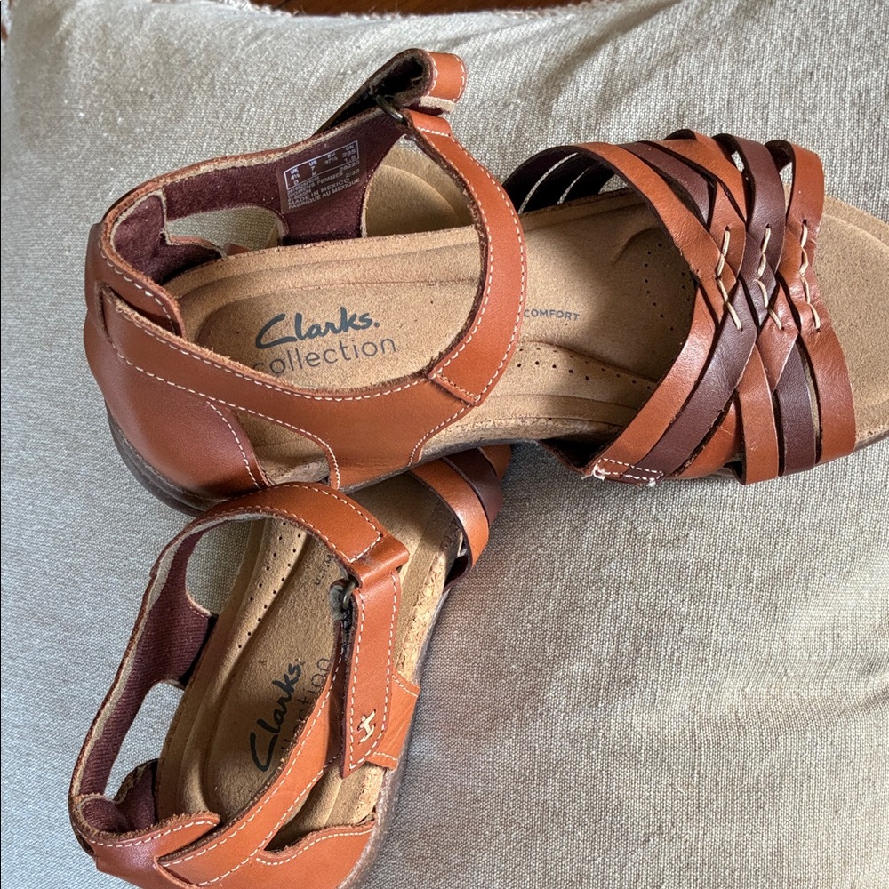 Clarks Brown Leather Woven Strap Comfort Sandals